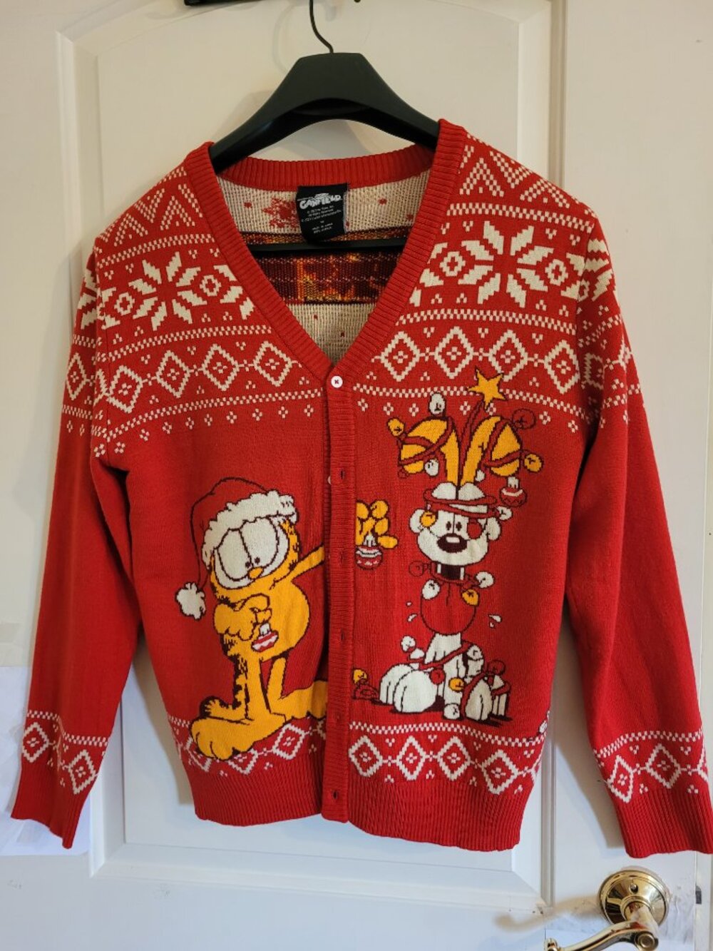 Unisex Ugly Christmas Garfield And Odie Red Cardigan Sweater size M
